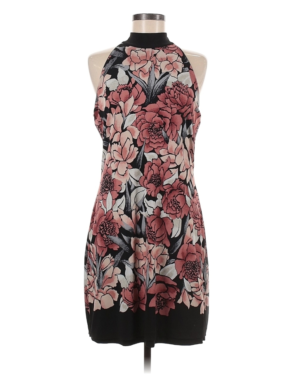 White House Black Market Black Halter Mini Dress with Pink Floral Pattern